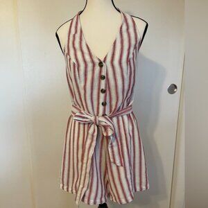 American Eagle Outfitters Striped Halter-style Romper Medium Cotton-linen